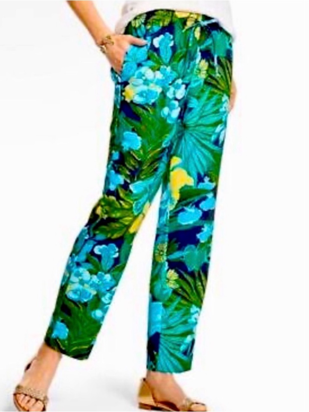 Talbots Tropical Floral Pull-On Pants Medium Resort Beach Cruise Vacation NWOT